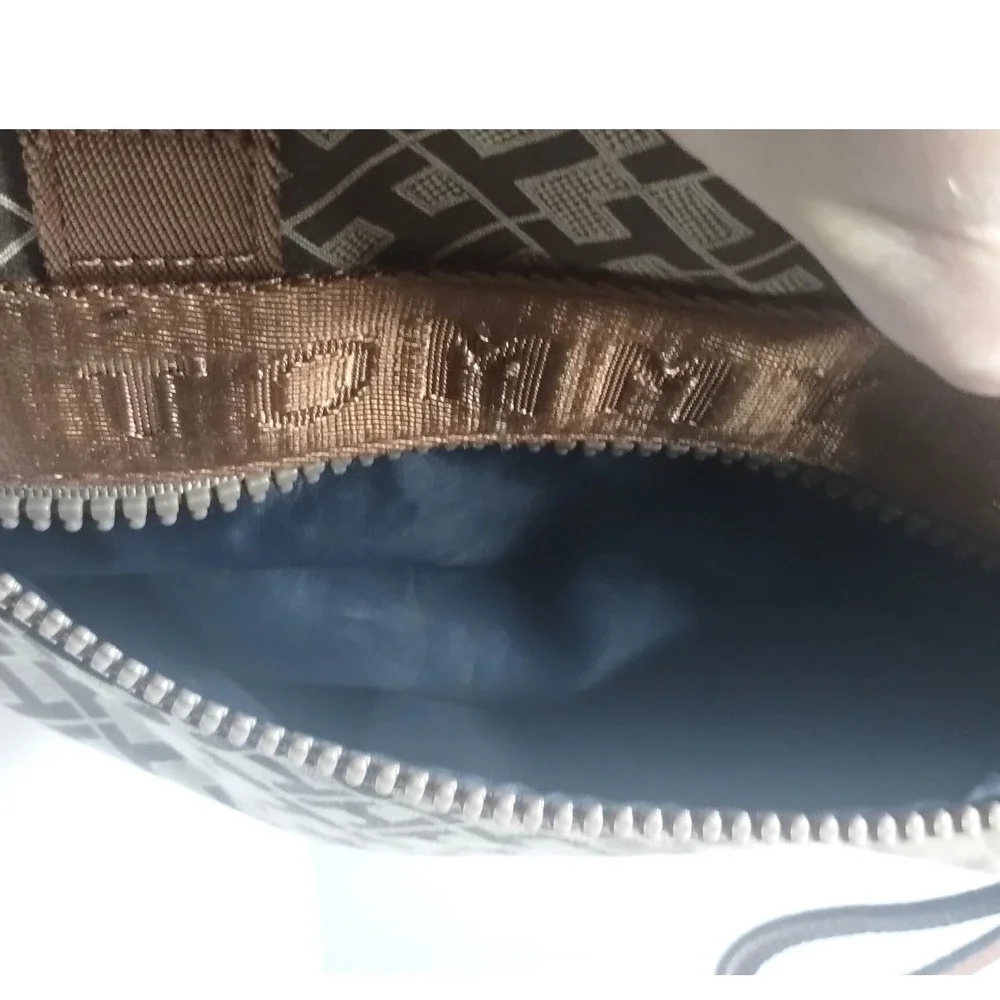 Tommy Hilfiger Monogram Jacquard Tote Bag Brown Tan Logo Webbing Zip Shoulder